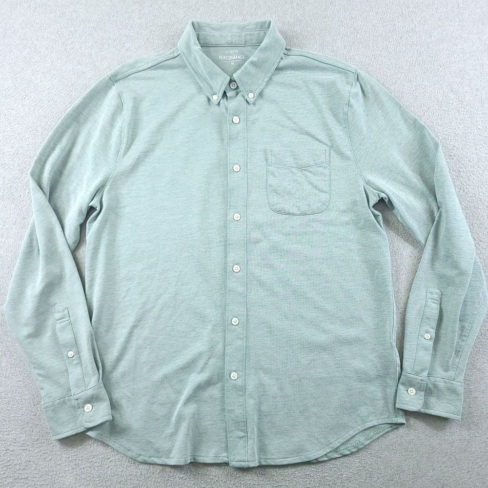 J Crew Shirt Mens Medium Green Performance Knit Oxford Button Down Stretch